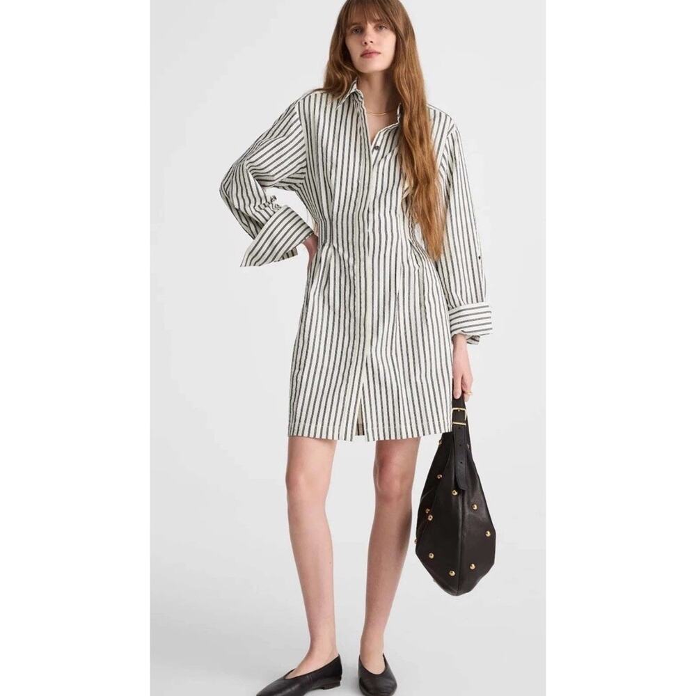 NWT Madewell Tucked Mini Shirtdress Grey Variegated Stripe 00 Coastal Nautical